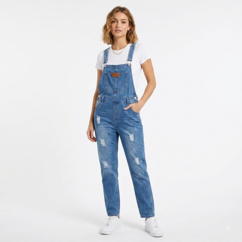 Vintage Y2K Straight Leg Distressed Medium Wash Denim Bib Jean Overalls Size S